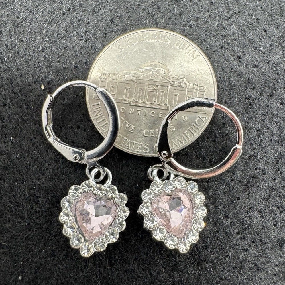 Pink Heart Rhinestone Dangle Earrings Silver Tone Leverback New